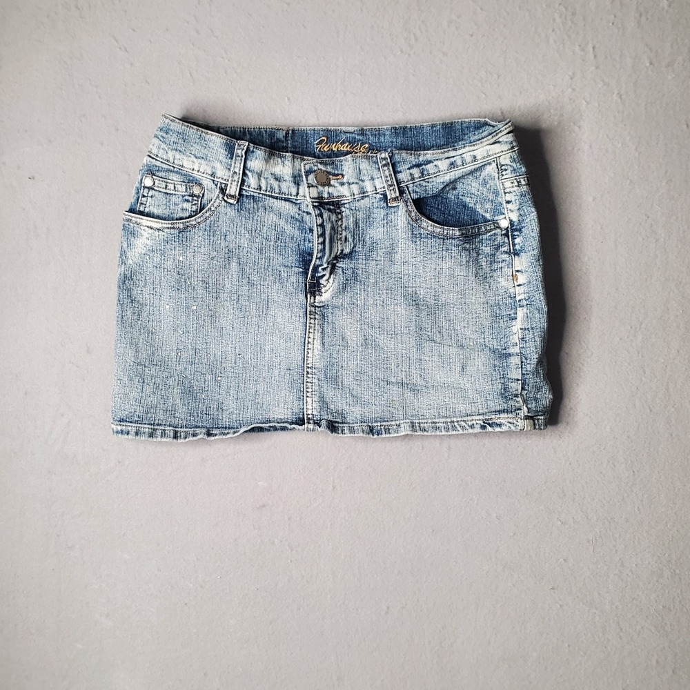 Funhouse Womens Light Wash Denim Mini Skirt Sun Embroidery Rhinestone Size L
